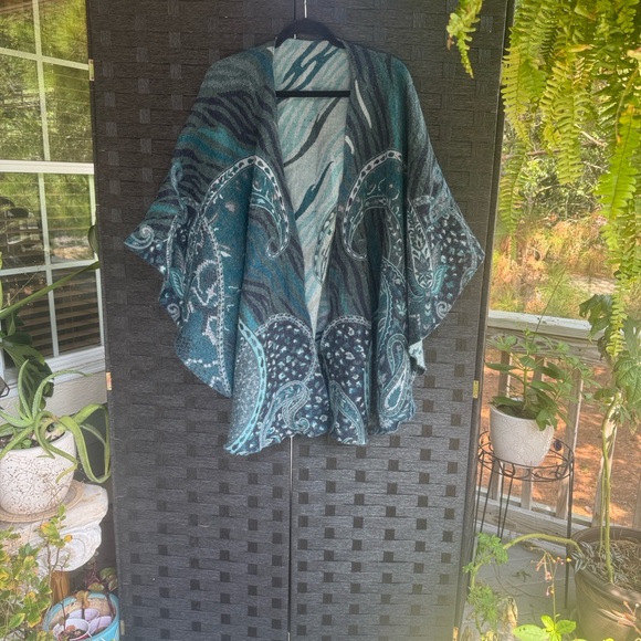 Tolani Teal and Charcoal Wool Shawl - Picture 1 of 5